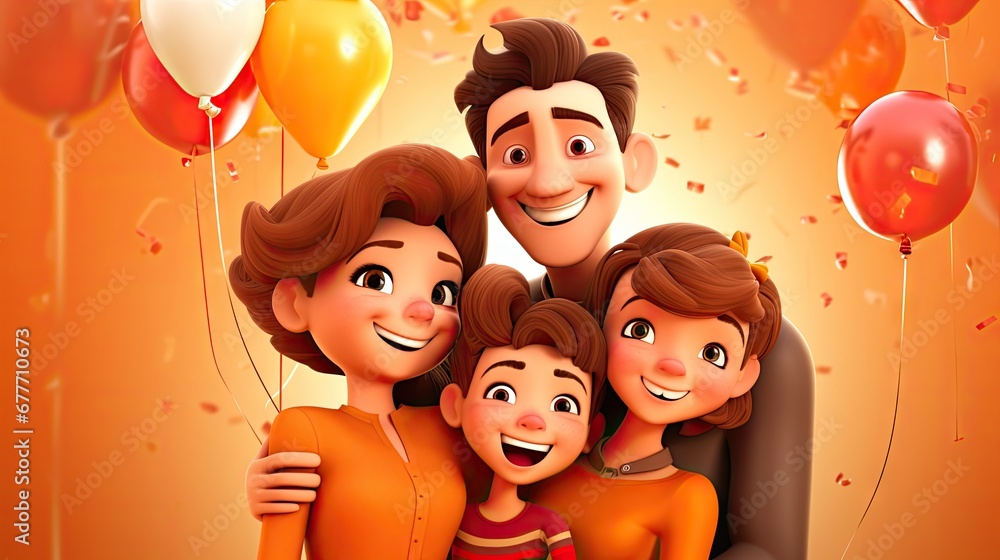 Poster a group of people standing next to each other in front of a bunch of balloons and confetti on a yell