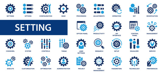 Settings flat icons set. Gear, adjustments, setup, preferences, containing options, controls, service, operation icons and more signs. Flat icon collection. - obrazy, fototapety, plakaty