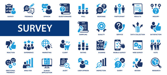 Survey flat icons set. Rewiev, feedback, research, icons and more signs. Flat icon collection.