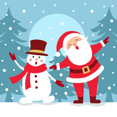 Christmas card Santa Claus and snowman. For holiday greetings.
