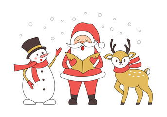 Christmas card Santa Claus, reindeer and snowman. Vector illustration.