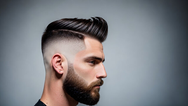 Brunette man with fringe up haircut - profile view