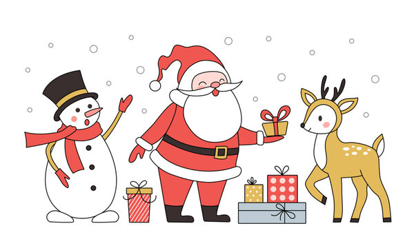 Christmas card Santa Claus, reindeer and snowman. Vector illustration.