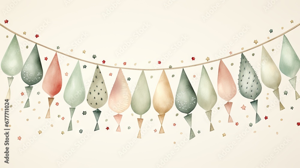Poster a string with a bunch of different colored umbrellas hanging off of it's sides next to a wall with s