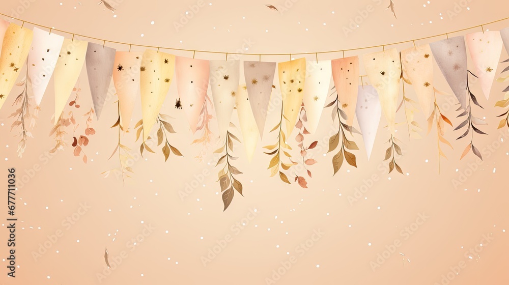 Poster a string of paper hanging from a string with leaves and branches hanging from it's sides, on a pink 