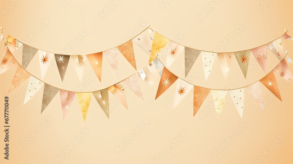 Poster a bunch of pennants that are hanging from a line on a light colored background with a star design on