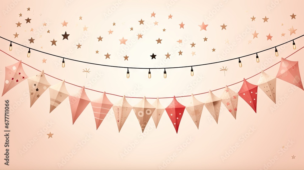 Poster a string of red, white and gold stars hanging from a line of red and white bunting with a string of 