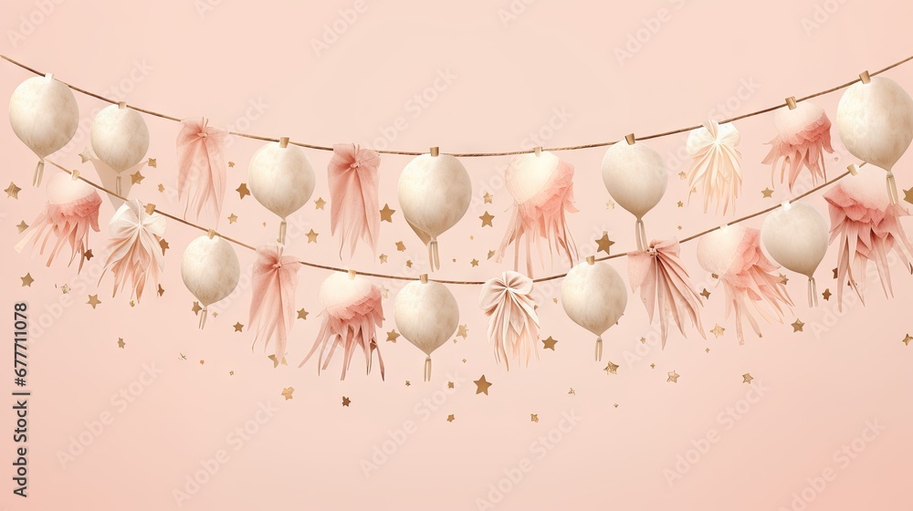 Poster a string of pink and white balloons hanging from a string on a pink background with gold stars and c