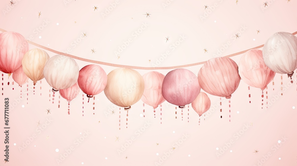 Poster a string of pink and white paper lanterns hanging from a string on a pink background with stars and 