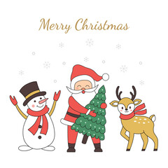 Christmas card Santa Claus, reindeer and snowman. Vector illustration.