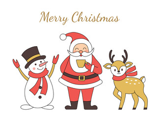 Christmas card Santa Claus, reindeer and snowman. Vector illustration.