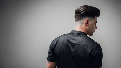 Man with slicked back haircut wearing a black shirt on a white background