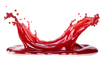 Tuinposter Red berry Jam splash with little bubbles fruit syrup isolated on transparent background, Fruity strawberry sauce, liquid fluid element flowing, red juice swirl. © TANATPON