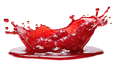 Red berry Jam splash with little bubbles fruit syrup isolated on transparent background, Fruity strawberry sauce, liquid fluid element flowing, red juice swirl. - obrazy, fototapety, plakaty