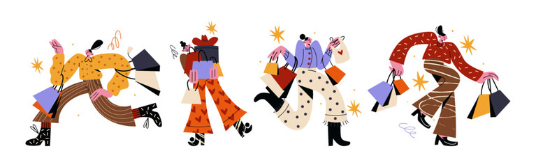Cartoon characters shopping in retro 90s style. People are running with shopping bags. Discounts, sale, black Friday. Online shopping doodle women hand drawn