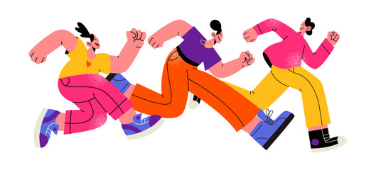 Cartoon people run fast. Active characters are in a hurry to run errands and go to work. Team runners men and women. Vector flat retro illustration