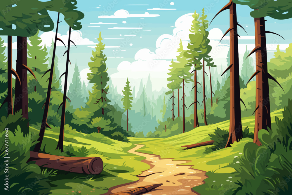 Wall mural forest landscape background with path and trees. vector illustration in flat style