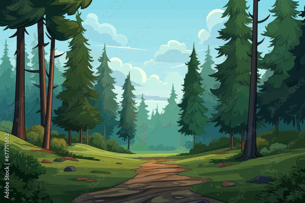 Wall mural forest landscape background with path and trees. vector illustration in flat style