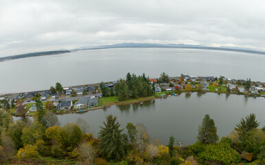 Camano Island Washington Aerial View of Small Lake and Port Susan Cloudy Autumn Day
