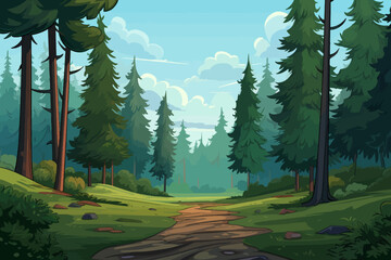 Forest landscape background with path and trees. Vector illustration in flat style