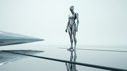 Minimalistic Futuristic Droid in Distant Cinematic Shot generative AI
