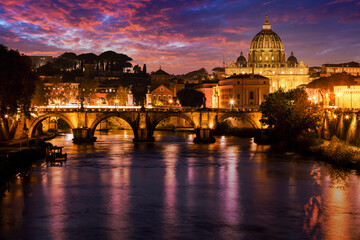 Fototapeta premium Saint Peter's Basilica with Sant' Angelo's Bridge Over Tiber At Sunset, Rome, Lazio, Italy