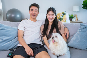 Happy Loving Family. Portrait of beautiful spouses patting small dog sitting on the sofa in modern apartment