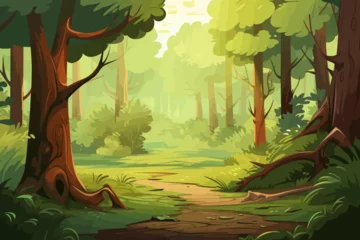 Fotobehang Forest landscape background with path in the middle of the forest vector illustration © xxstudio