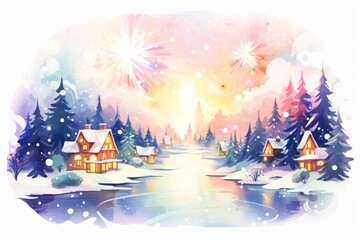 Naklejka premium Watercolor small village over a river with sunset sky and fireworks in winter