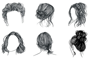 Vector Woman Hairstyle Illustration, Messy Bun Hair Line Art in various themes. Hand drawn collection. V19 - obrazy, fototapety, plakaty