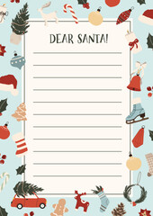 Letter to Santa Claus template for kids. Christmas wishlist for children. Dear Santa printable holiday paper letter background. Christmas vector illustration in flat hand drawn doodle style