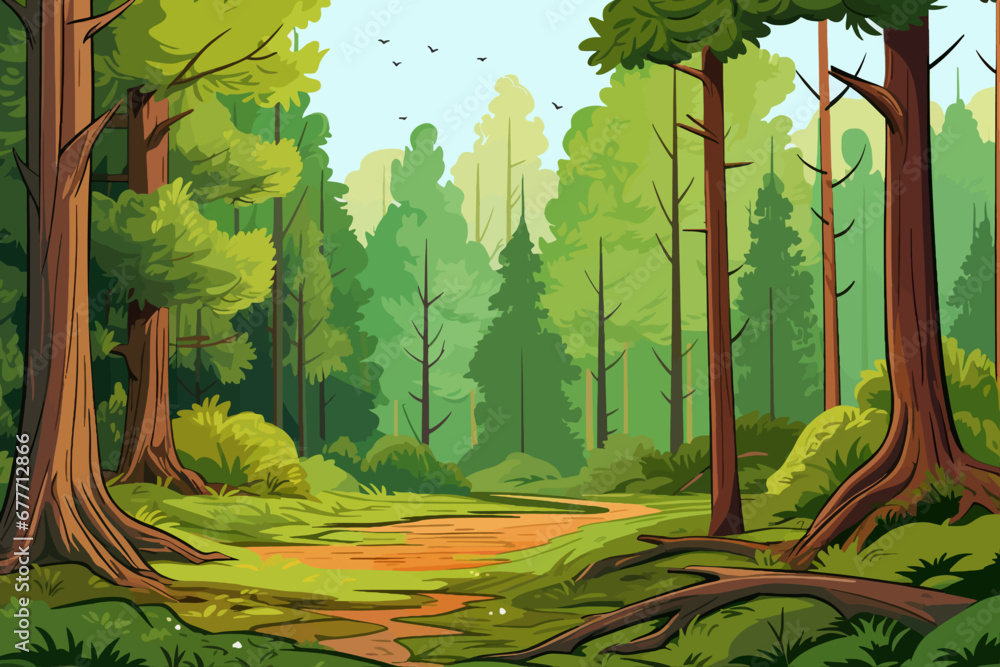 Wall mural forest landscape background with path in the middle of the forest vector illustration