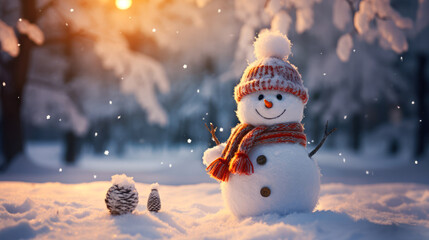 Fototapeta premium Cute Snowman in the Winter Forest 