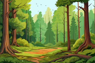 Forest landscape background with path in the middle of the forest vector illustration
