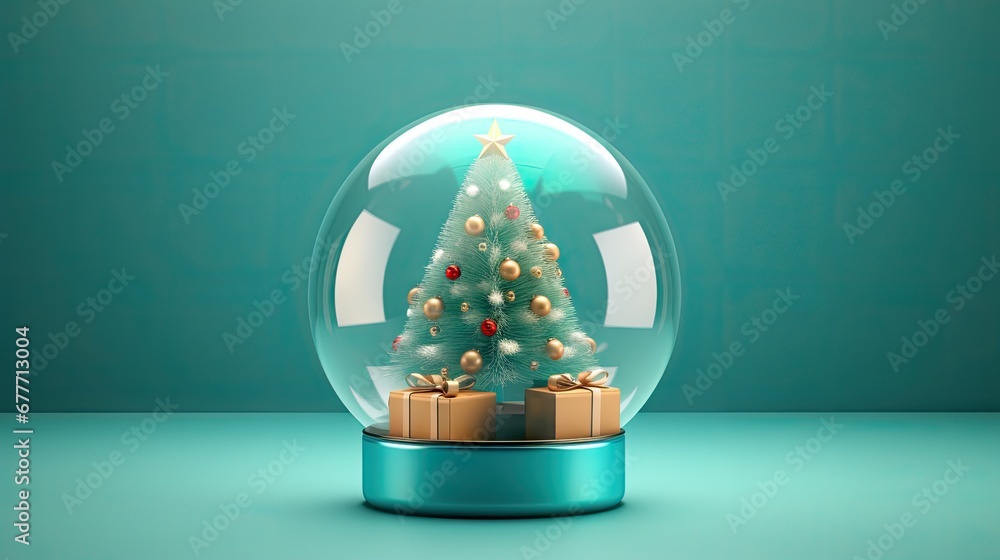 Poster a snow globe with a small christmas tree inside of it on a blue surface with a green wall behind it 