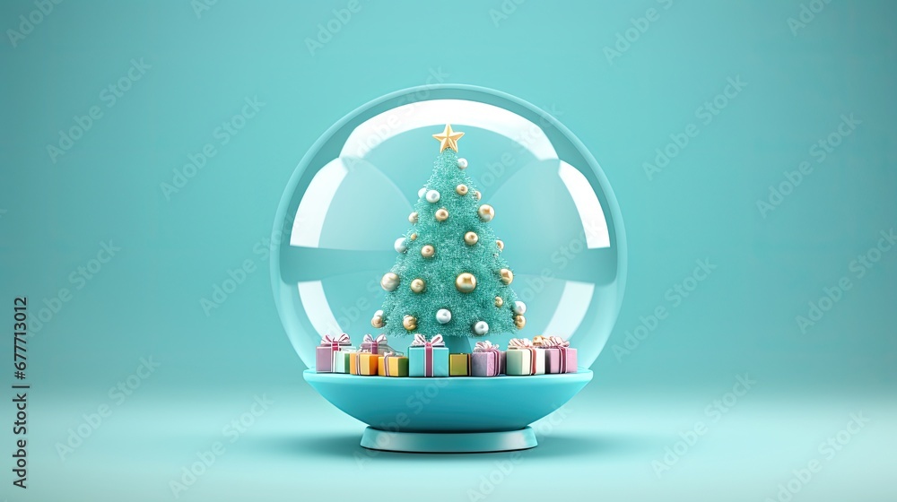 Poster a snow globe with a christmas tree inside of it and presents in the bottom of the glass globe on a b