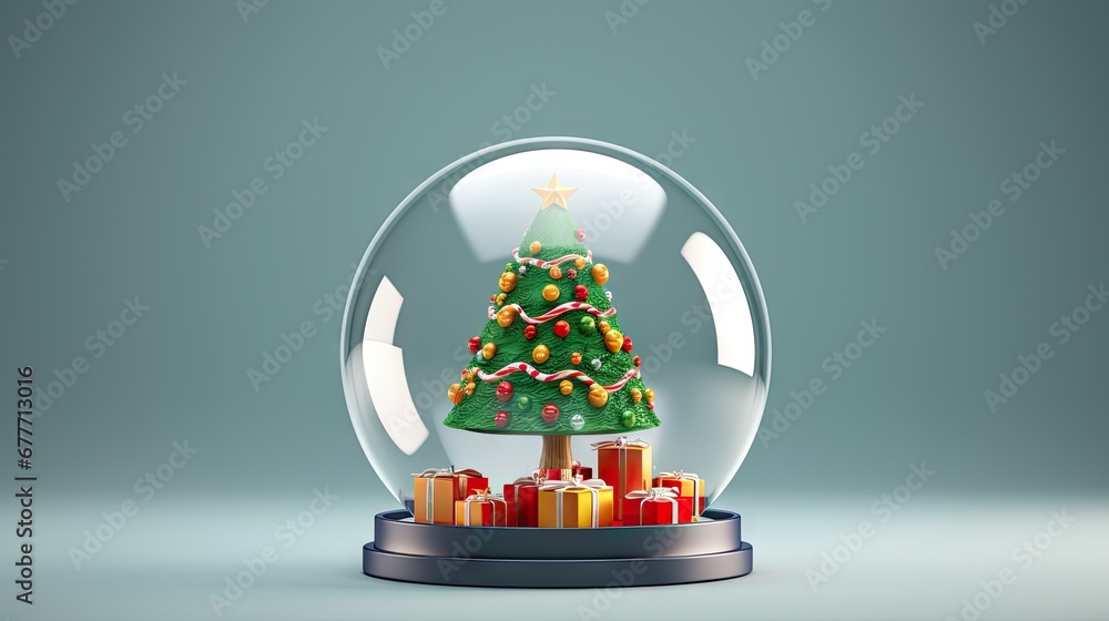 Poster a snow globe with a christmas tree inside of it and presents in front of it on a blue surface with a