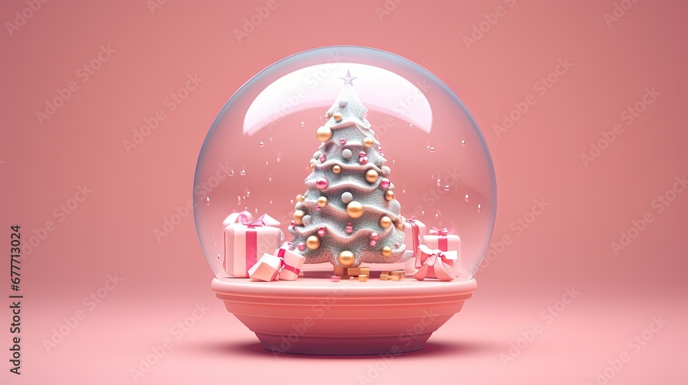 Poster a snow globe with a christmas tree and presents under a full moon on a pink background with a pink b