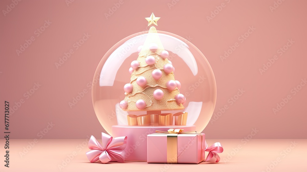 Poster a snow globe with a christmas tree inside of it and presents in front of it on a light pink surface 