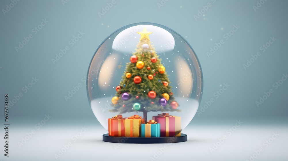 Poster a snow globe with a christmas tree inside and presents in front of it and a star on the top of the t