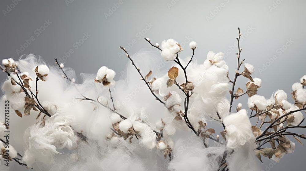 Poster a close up of a branch with cotton flowers in the foreground and a gray background with a white clou