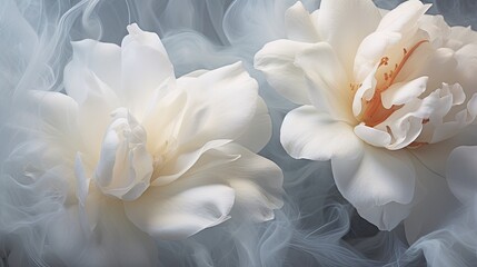  a couple of white flowers sitting on top of a bed of white smoke in front of a blue background with a white flower in the middle of the middle of the picture.  generative ai