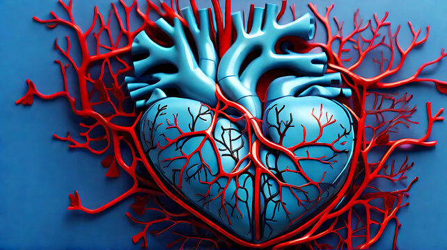 Stylized human human heart with veins, arteries and blood vessels on blue background. Medical neuron cardiovascular connection.