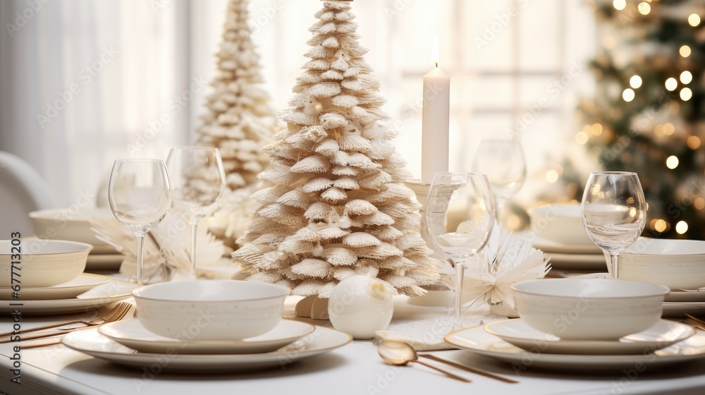 Poster a table set for a holiday dinner with a small christmas tree in the center of the table and a lit ca