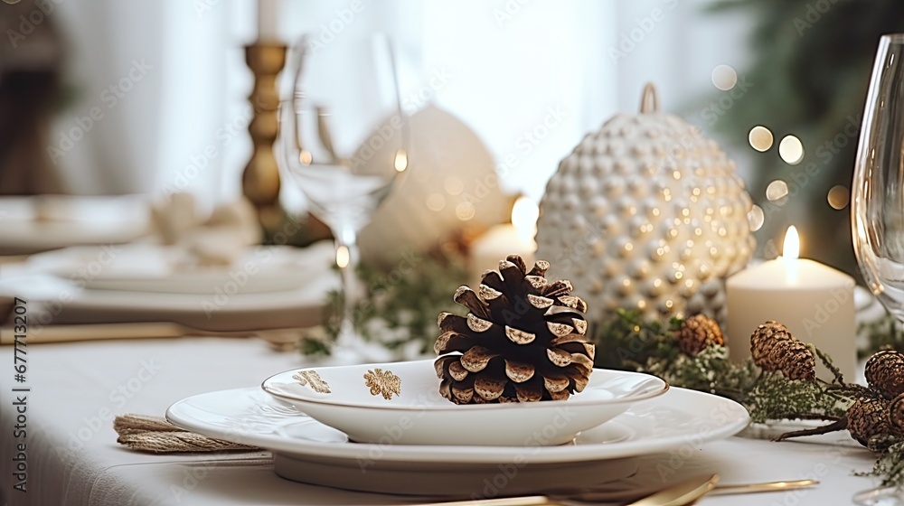 Poster a close up of a plate on a table with a pine cone on the plate and a candle in the middle of the pla