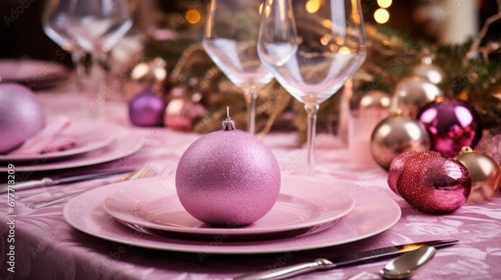 Aufkleber a close up of a plate with an ornament on it near a table with wine glasses and silverware and a chr