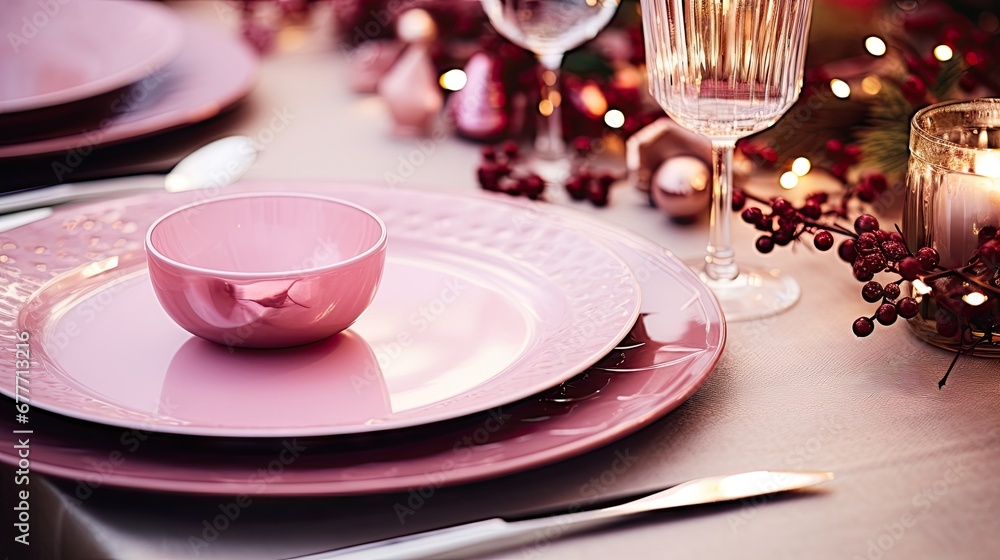 Poster a close up of a plate with a cup and saucer on a table with a lit candle and a christmas tree in the