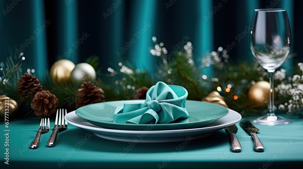 Poster a plate with a bow on top of it next to a glass of wine and a fork and knife on a table with a green