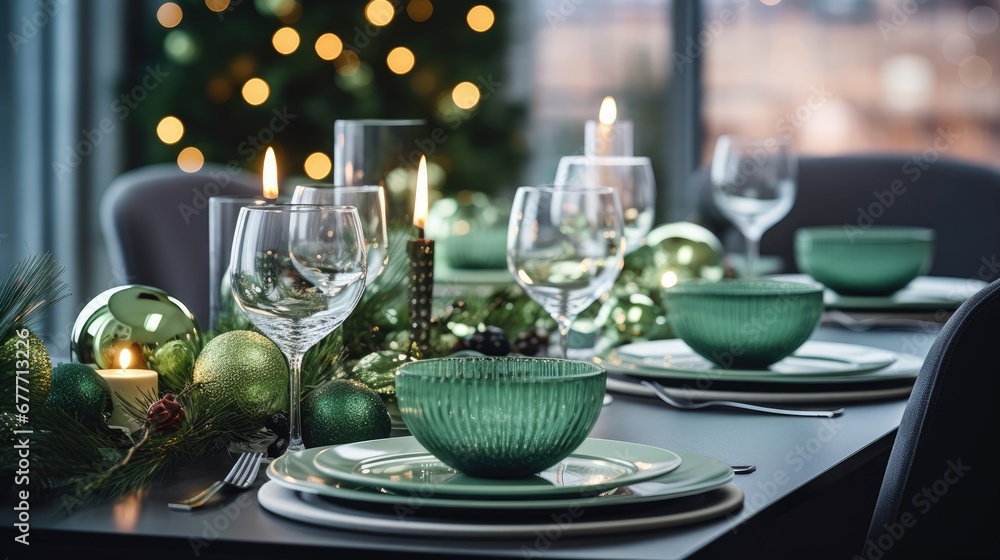 Poster a table set for a christmas dinner with a lit candle in the center of the table and a christmas tree
