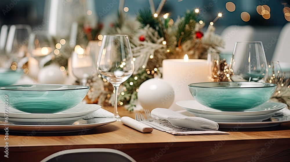 Poster a close up of a table with a plate and a bowl on it with a candle in the middle of the table and a c